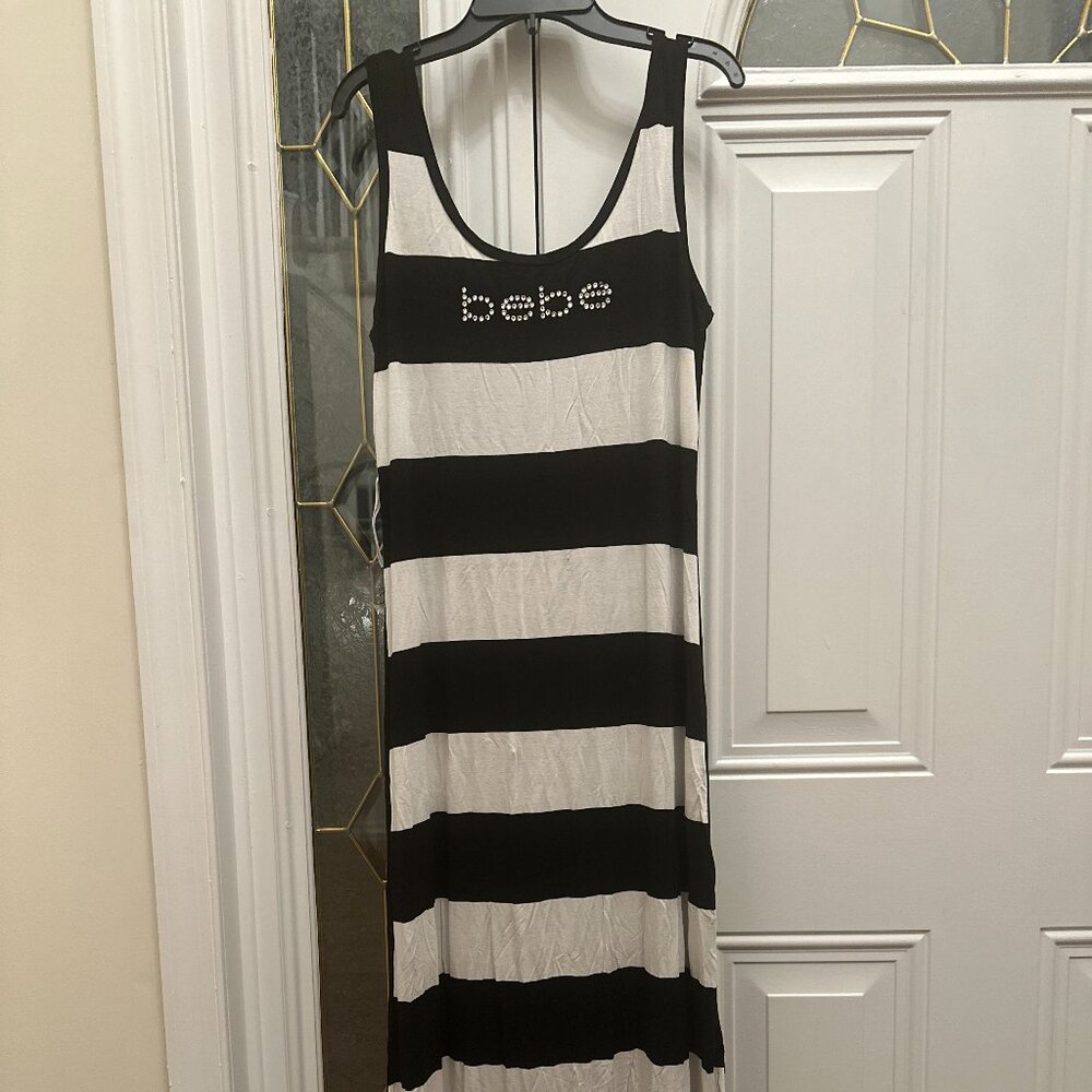 The Bebe Black and White Striped Maxi Dress
